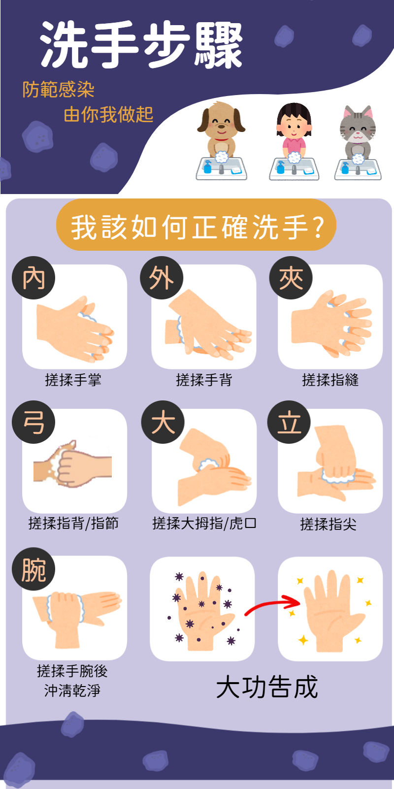 洗手的正確步驟，內(搓揉手掌)，外(搓揉手背)，夾(搓揉指縫)，弓(搓揉指背/指節)，大(搓揉大拇指/虎口)，立(搓揉指尖)，腕(搓揉手腕後沖洗乾淨)